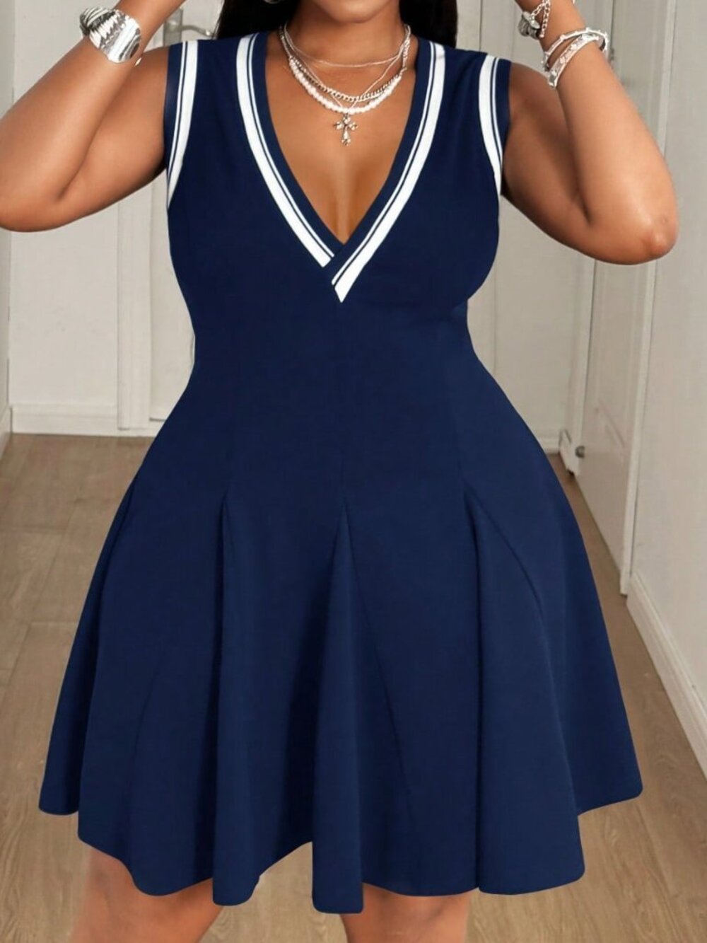 Navy Blue Casual Women's Plus Size Striped V-Neck Sleeveless Dress